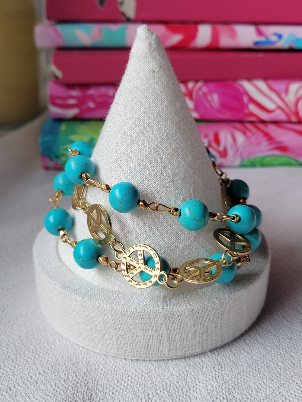 Turquoise Beaded Peace Charm Bracelet
